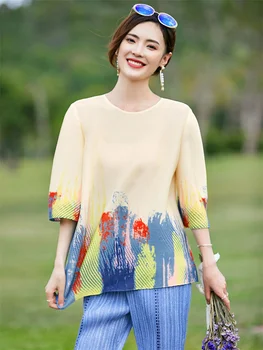 Miyake женска тениска с къс ръкав, ретро принт, кръгъл отвор, свободна, голям размер, мода, пролет-лято, 2023