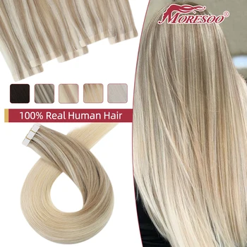 Moresoo Инъекционная лента за коса разширения Пепеляв blond, выделяющий девствени коса, естествена пряка бразилският лента за изграждане на човешки косъм