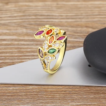 Nidin Вкусно брилянтният пръстен с кристали във формата на листа, кубичен цирконий, разноцветни кристали и регулируема бижута, дамски парти, сватбен подарък