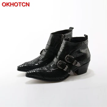OKHOTCN/Есенно-зимни мъжки обувки в британския стил; модни ботильоны с остри катарама; Ежедневни обувки от естествена кожа с двойни катарами; Ephesus