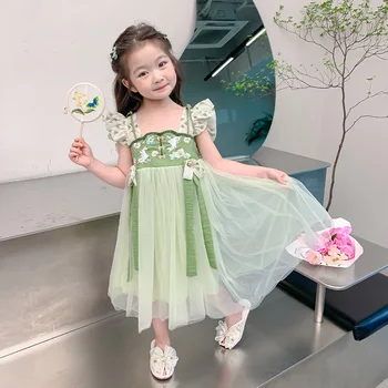 Panda Bady 2023, ново лятно зелена рокля Hanfu за момичета, детски принцеса рокля в класически стил с ръкави-капачки с дължина до щиколоток