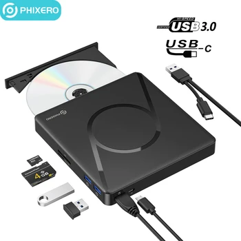 PHIXERO USB 3.0 и Type-C Тънък външен диск за запис на DVD-та, 3D оптичен четец на CD/DVD-дискове за преносими КОМПЮТРИ, компютърна записващо устройство