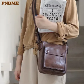 PNDME модни реколта дамски малка чанта през рамо от естествена кожа, дизайнерска чанта почивен ден от естествена телешка кожа, дамски чанта