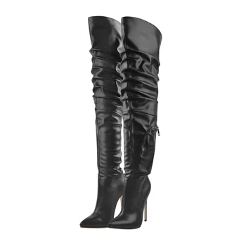 Richealnana/ зимни дамски черни ботуши над коляното от сплъстена от изкуствена кожа с остри пръсти и цип, лаконичен ботуши на тънък висок ток за възрастни