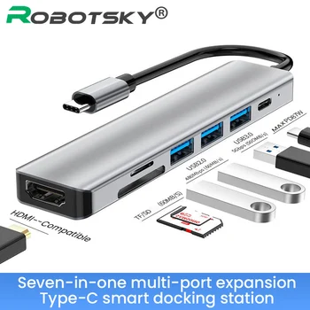 Robotsky C USB ХЪБ Type C към HDMI-съвместим адаптер USB 3.0, 8 в 1 Type C hub-док-станция за MacBook Pro Air C USB сплитер