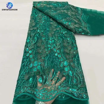 Signa Зелената африканска лейси плат с пайети 2023, благородна нигерийская лейси бродерия, френски тюл, материал за женски рокли, 5 ярда