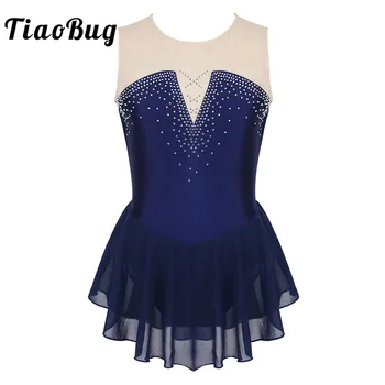 TiaoBug/ детски танцови облекла за тийнейджъри, блестящо сетчатое рокля за фигурата каране с кристали, балетное гимнастически трика за момичета, танцов костюм за състезания