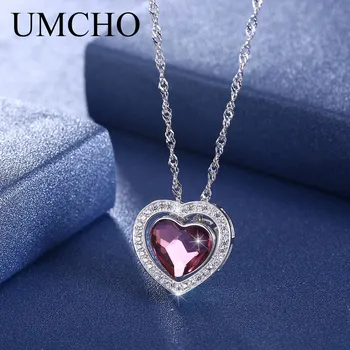 UMCHO твърди 925 Silver Crystal сърцето висулка колие за жени, Момичета абитуриентски банкет сватба, годеж бижута