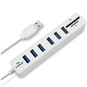 USB-Хъб 6-Портов Адаптер-Удължител за USB 2.0 Хъб, Multi USB Сплитер 2.0 Хъб USB-Хъб за SD/TF Card Reader за КОМПЮТЪР, Бял