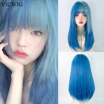 VICWIG Синтетични дълги прави сини двуцветен перуки с бретон, cosplay Лолита