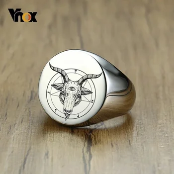 Vnox Дяволска главата на козела, произведено по поръчка мъжки пръстен с печаткой, пръстен с кръгла печаткой от неръждаема стомана, камък