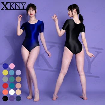 XCKNY пълнозърнести секси чорапогащник, висок гланц елегантен бански костюм с висока вилица и къс ръкав, спортни облекла за йога, обикновен физкултурен костюм