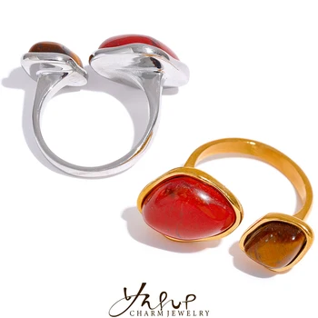 Yhpup Винтажное пръстен в стил бохо от естествен камък, с геометричен модел PVD, позлатените пръстен от неръждаема стомана в стил бохо, водоустойчиви дамски украшения на пръста си пръстен