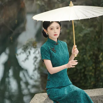 Yourqipao 2023 Лятото Нежна Елегантна Зелена Рокля Ципао в Китайски стил с цветен Модел, по-добра, с къси ръкави, Вечерна Рокля в Китайски стил за Жени