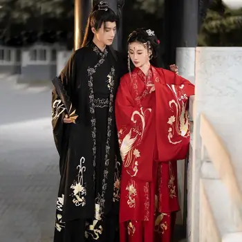Yourqipao Китайски древен Hanfu за двойки, костюм за cosplay на Хелоуин, празнична рокля, сако, червени, черни комплекти за мъже и жени, по-големи размери