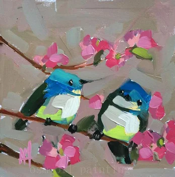 Абстрактни птици ръчно изработени, две сини пойните птици, останали по клоните на розово цвете, художествена мастихин, картини с маслени бои върху платно