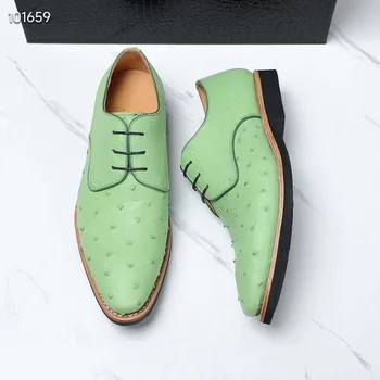 Автентични Мъжки oxfords ръчно изработени от естествена кожа щраус Светло Зелен Цвят От Естествена Екзотична кожа, Мъжки вечерни модела обувки дантела
