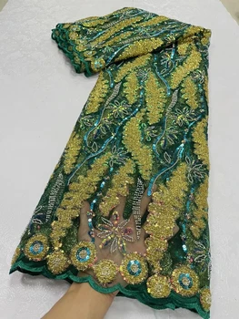 Африкански дантелен плат с бродерия, пайетки за жени, шиене на вечерни рокли, Материал Зелена луксозна нигерийская окото лейси плат, 5 ярда