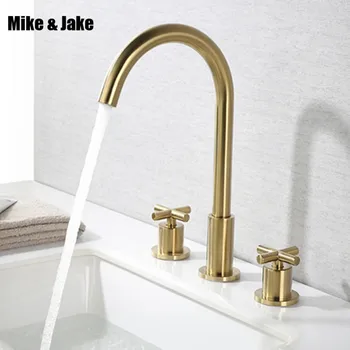 Баня златна четка кран на бортике миксер Кран с двойна дръжка Смесител за мивка с Кран за измиване с гореща и студена вода MJ02813GB