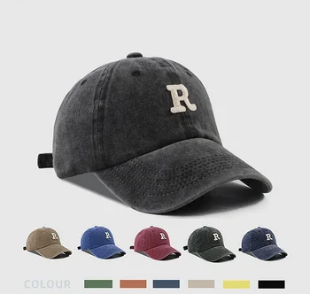 Бейзболна шапка от промит памук в ретро стил унисекс, с бродерия буква R, бейзболна шапка в стил хип-хоп, улични слънчеви очила, ежедневни шапки за шофьори на камиони