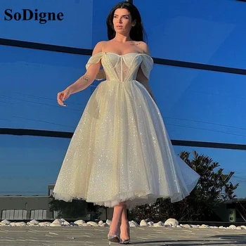 Блестящо выпускное рокля SoDigne, кратко выпускное рокля трапецовидна форма, вечерни рокли с дължина до чай, блестящи дамски официални рокли