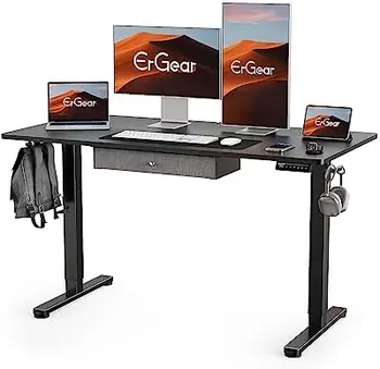 Бюро с чекмедже, регулируеми по височина маса за сядане и вставания, компютърно работно място за домашния офис, 55x28 инча, черен