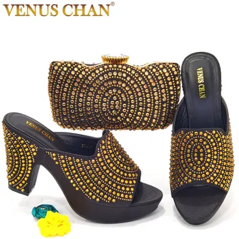 Венера Чан 2022 Африкански женски сватбени обувки на токчета черен цвят с кристали вечерни обувки и чанта в комплект италиански сандали-мюли