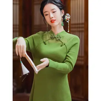 Винтажное рокля Чонсам в китайски стил, ретро рокля Ад Дай на жената е свободен жаккардовое трикотажное рокля, зелена традиционната рокля ципао