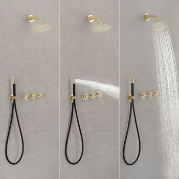 Висококачествен комплект за душ от матово златен месинг за баня с 10-инчов приставка за душ 2 функции, набор от смесители за душ стенен монтаж