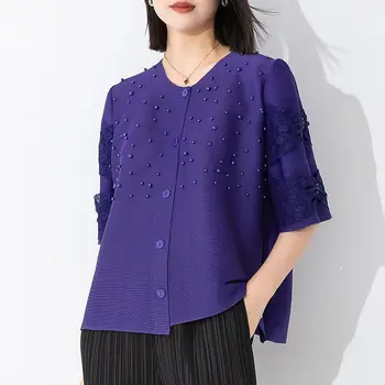 Висококачествен плиссированный модерен топ Miyake, женска тениска, без однобортный дантелен топ с кръгло деколте и ръкав три четвърти, расшитый мъниста