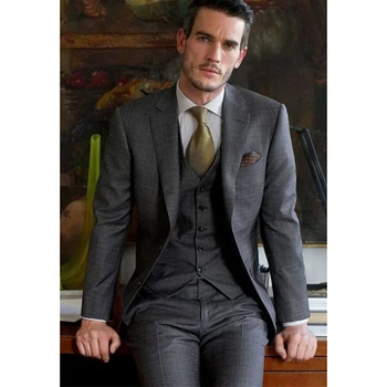 Висококачествен тъмно сив Мъжки костюми, Официални комплекти бизнес костюм от 3 теми, Сако с ревери и две копчета, панталони (яке + панталон + елек)
