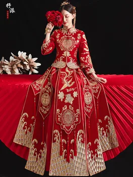 Висококачествена банкетная елегантна булката Ципао китайската традиционна сватба облекло рокля Чонсам с дракон Фениксом китайски дрехи
