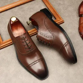 Висококачествени мъжки обувки от естествена кожа, дантела с квадратни пръсти, бордовая сватбена бизнес официалната обувки с перфорации тип 