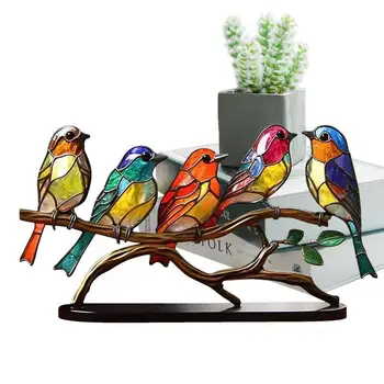 Витражные птица на клона, витражные настолно украшение с птици в бранша, за малко устойчив акрилен декор за дома от дърво