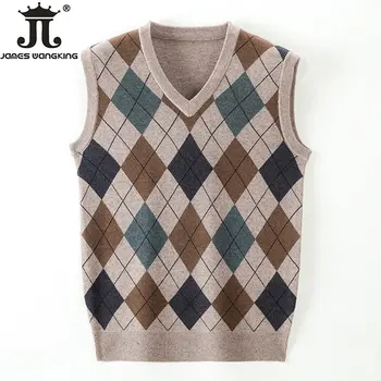Вълнен пуловер, топло есенно-зимния нов мъжки бутик, модна диамант пуловер с решетка, случайни бизнес пуловер с V-образно деколте, жилетка