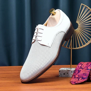 Голям размер 11 12 Бизнесмен Ежедневни мека кожена лятна куха дишаща официалната модельная обувки британски годеник Бели oxfords