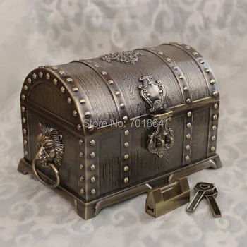 Голям размер, бронзов цвят, ковчег със съкровища, модерен метален калъф за бижута, ключодържател, кутия от сплав, идеален подарък Карибски Пирати