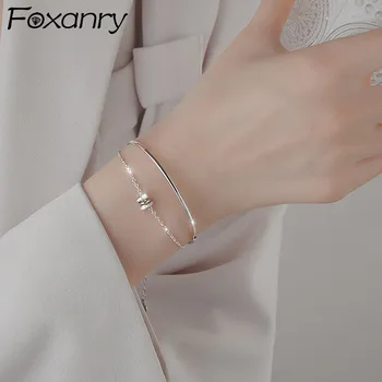 Гривни сребрист цвят FOXANRY за жени е модерен, елегантен и очарователен прост дизайн, искрящ циркон, геометрични декорации за булката