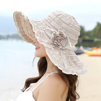Дамска лятна шапка, сгъваема сламена шапка с дантелен завършек за момичета, ежедневни шапка с широка периферия за пътуване на открито, плажни солнцезащитная шапка