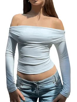 Дамска тениска с дълъг ръкав и по-отворени рамене, монофонични монтиране женски есента съкратен топ, клубна облекло