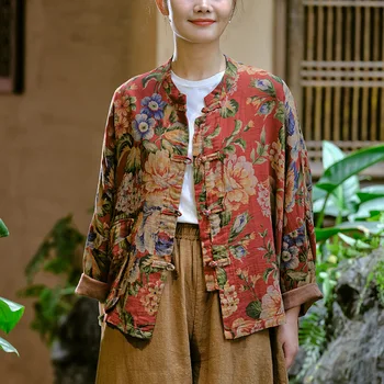 Дамски дрехи в традиционен китайски стил, с червени върхове Hanfu Рокли Qipao в ретро стил, блуза с флорални принтом в ориенталски стил, якета в стил Тан