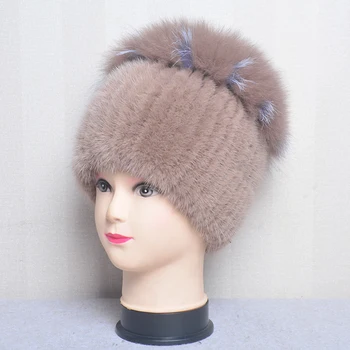 Дамски норковая капачка, дамска зимна шапка, вязаная норковая капачка от лисьего кожа, дамска топла шапка, чернобурка, част от по-голяма