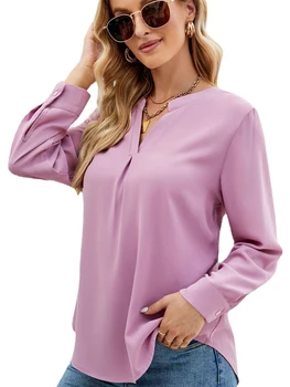 Дамски однотонная шифоновая риза с дълъг ръкав, пуловери с V-образно деколте, потник
