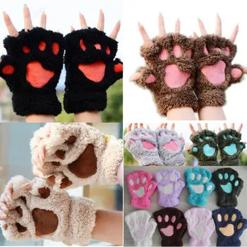 Дамски ръкавици с плюшени кошачьими си лапи и нокти, зимни ръкавици от изкуствена кожа, сладък коте, ръкавици без пръсти и ръкавици, коледни подаръци за Хелоуин за момичета