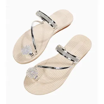 Дамски сандали на равна подметка, елегантно облечен лятна плажна обувки с блестящи кристали