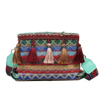 Дамски чанта на рамото, поясная чанта в бохемски стил, дамска чанта-банан с широк регулируем колан, модни цветни чанти за рамо с пискюл