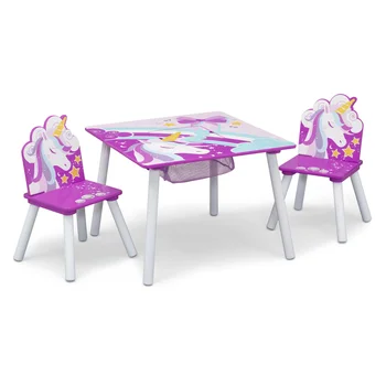 Детска маса и стол Delta с единорогом, определени за съхранение (2 стола в комплекта), сертифициран Greenguard Злато, розов