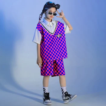 Детска празнична дреха в стил хип-хоп, клетчатая тениска, потник, летни панталони за момичета, костюм за джаз танци, комплект дрехи за танци, комплект дрехи за сцената