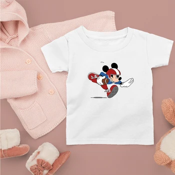 Детска тениска с творчески модел на марката Disney с Мики Маус, бял, с кръгло деколте и къс ръкав, свободна модни дрехи за момичета в стил харадзюку