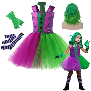 Детски костюм за Хелоуин, зелена рокля-пакет за момичета, детски cosplay, страшен костюм на клоун, кралят на маскарадните за момичета, празнична рокля от 2 до 12 години